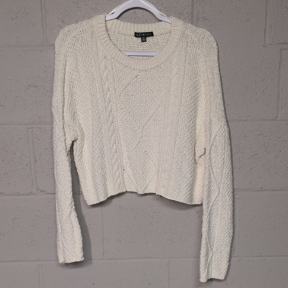 Ivory Cream Cable Knit Cropped Crewneck Sweater Size Medium - Picture 2 of 7